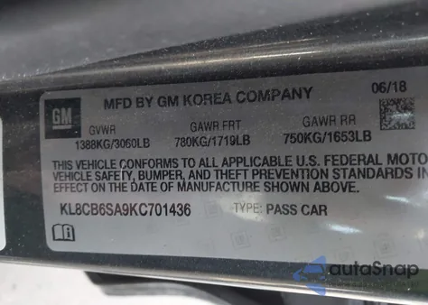 2019 Chevrolet Spark Ls Cvt из США, поврежденный, VIN KL8CB6SA9KC701436